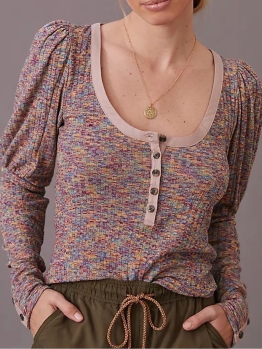 ANTHROPOLOGIE Multicolored
Ribbed Stretchy Casual Puff Sleeves Henley Top XS